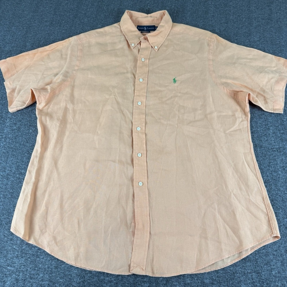 Ralph Lauren 100% Linen Shirt Mens XL Classic Fit Orange Button Up Short Sleeve